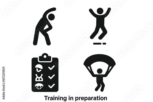 Parachute jump preparation icon set. Skydiver training concept. Icons for warm-up, stretching, gear checklist and jumping. Extreme sport solid glyph vector illustration.