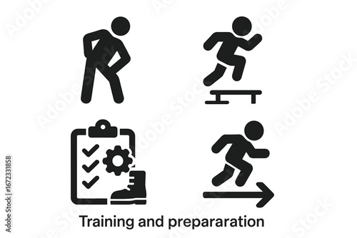 Training and preparation icon set. Solid glyphs for fitness and exercise. Includes warm-up stretch, jumping hurdles, gear checklist, and running progress vector symbols.