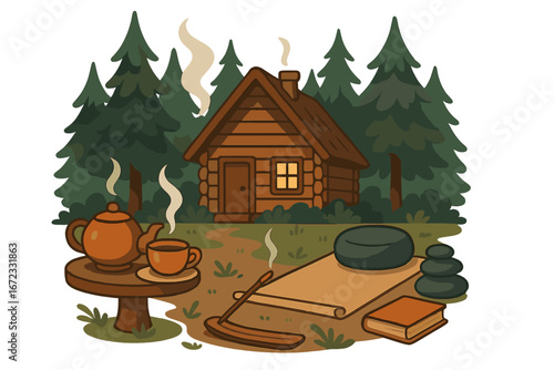 Cozy cabin in forest for relaxation and meditation. Vector cartoon of hygge lifestyle with tea, yoga mat, incense, zen stones. Wellness retreat in nature concept.