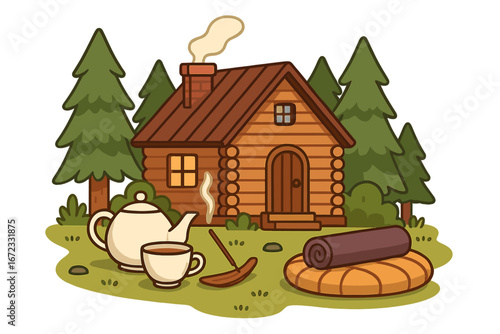 Cozy log cabin in forest for mindfulness retreat. Vector cartoon of tiny house for relaxation, yoga, and tea ceremony. Hygge lifestyle concept with incense and nature.