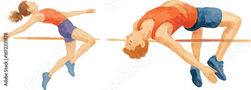 Collection of watercolor painted illustration of men and women high jump jumpers