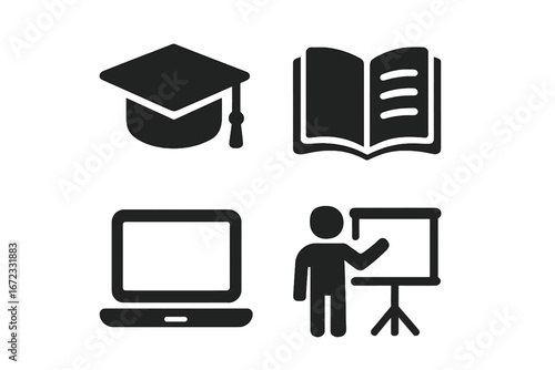 Training and education solid icon set. E-learning, online course, and business development concept. Vector glyphs of graduation cap, book, laptop, and presentation.