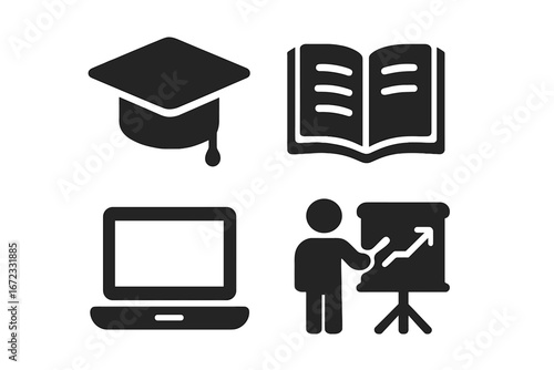 Training and development solid icon set. Business coaching, e-learning, online education. Graduation cap, open book, laptop, presentation with growth chart vector symbols.