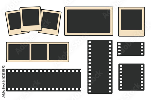 Retro photo frame and film strip set. Vintage polaroid picture border, empty photograph template. Old movie camera negative reel. Flat vector illustration collection isolated.