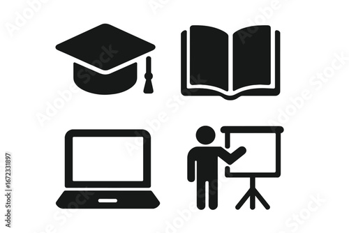 Training icon set. Education, online learning, and staff development concept. Graduation cap, open book, laptop, and presentation symbols. Vector glyphs for webinar or seminar.