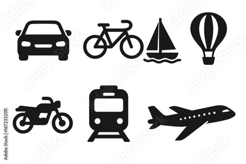 Travel and transportation icon set. Solid glyph collection of vehicle symbols for web and app design. Car, bike, boat, plane, train, motorcycle and air balloon vectors.