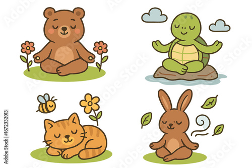 Cute cartoon animals meditating. Vector set of bear, turtle, cat, rabbit in yoga pose. Mindfulness, relaxation, stress relief concept. Zen characters in nature for wellness.