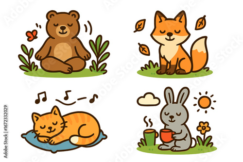 Cute animals mindfulness set. Meditating bear, calm fox, sleeping cat, rabbit with tea. Relaxation, stress relief concept. Zen, yoga, peace. Kawaii cartoon vector characters.