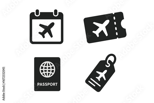 Air travel vector icon set. Solid glyph collection of flight booking calendar, airplane ticket, passport, and baggage tag. Concept for vacation, tourism, journey, and holiday.