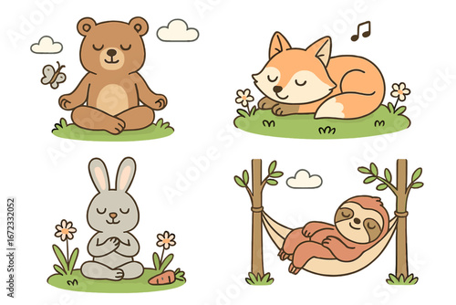 Cute cartoon animals meditating. Mindfulness and relaxation vector set. Bear, fox, sloth, rabbit in yoga poses. Concept for stress relief, calm, and mental health. Peaceful nature character.