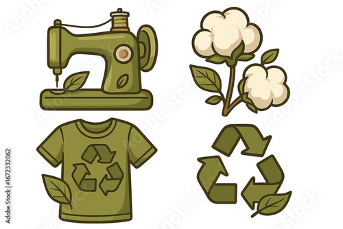 Sustainable fashion vector icon set. Eco friendly clothing, textile industry concept. Slow fashion, recycling, upcycling clothes. Sewing machine, organic cotton, reuse symbol.
