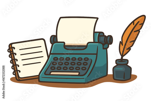 Creative writing concept. Vintage typewriter, notebook, and quill with ink. Author or journalist workspace. Retro storytelling equipment. Vector cartoon illustration for content.