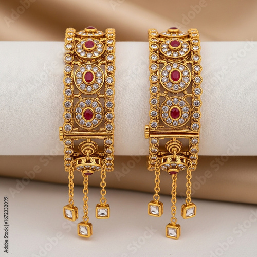 Traditional Indian Gold Kada Bangles with Ruby & Stone Embellishments Bridal Jewelry Close-Up