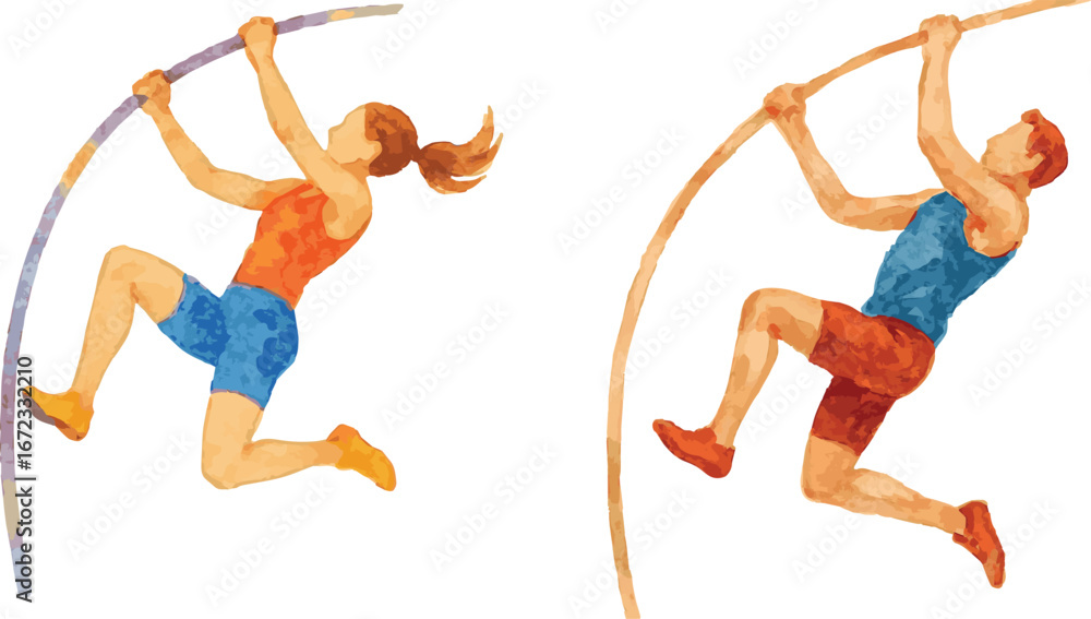 Fototapeta premium Collection of watercolor painted illustration of men and women pole vault jumpers