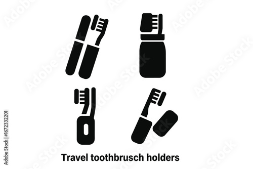 Travel toothbrush holders solid icon set. Vector glyphs of portable dental hygiene accessories. Includes hard case, container, clip-on holder, and foldable toothbrush.