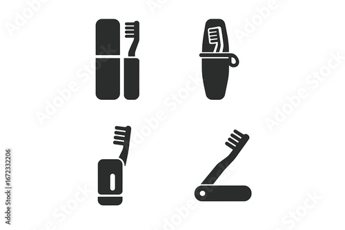 Travel toothbrush holders icon set. Solid glyphs collection. Portable dental care vector. Toothbrush in hard case, soft pouch, with clip cover, and foldable toothbrush.