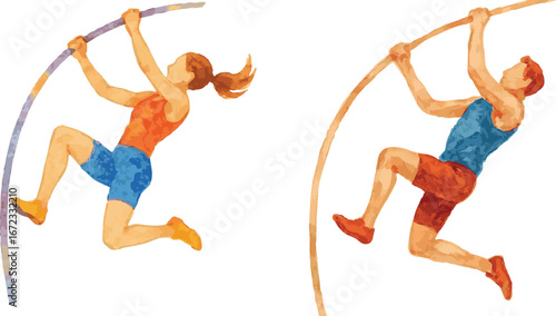 Collection of watercolor painted illustration of men and women pole vault jumpers