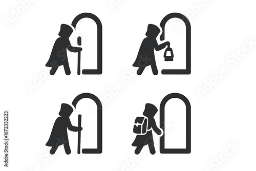 Traveler icon set with cloaked figure entering portal. Fantasy adventure character walking with staff, lantern, and backpack. RPG game sprite, mysterious journey concept vector.
