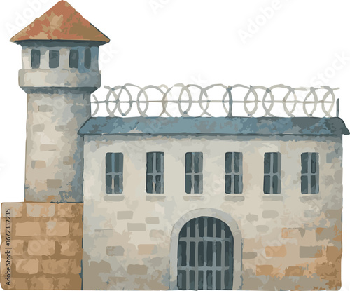 Watercolor vector illustration of a prison