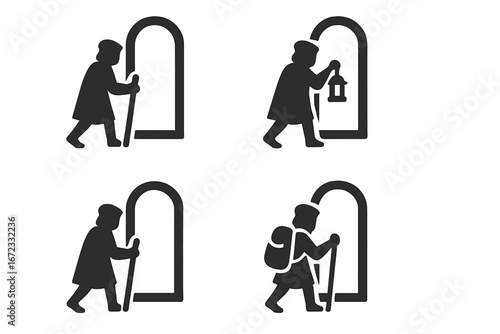 Traveler icon set. Person with walking stick entering portal. Adventure, journey or quest concept. Figure with backpack and lantern. Pilgrim or explorer silhouette glyph vector.