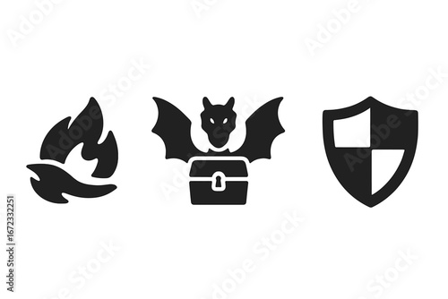 Treasure defense glyph icon set. Dragon guarding chest, fire spell, and shield emblem. Fantasy game UI elements, RPG magic symbols, and protection concept vector illustration.
