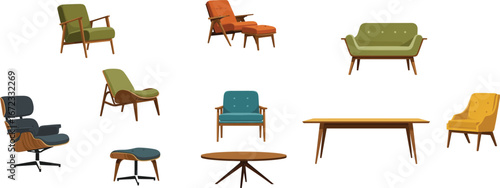 Mid-century modern furniture set with chairs, sofas, and tables, retro interior design elements, stylish vector illustration collection.