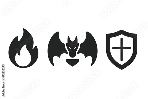 Fantasy game icon set for treasure defense. Vector symbols of fire magic, dragon monster, and shield emblem. Solid black glyphs for RPG, strategy, or mobile gaming UI design.