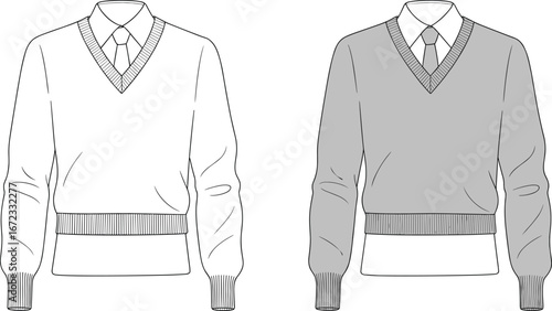 Men’s V-neck sweater flat sketch with shirt and tie, front view fashion illustration, pullover template for clothing design