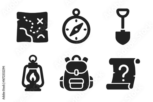 Treasure hunt solid glyph icon set. Vector icons for adventure, quest, and exploration. Essentials include map, compass, shovel, lantern, backpack, and a clue. Discovery concept.