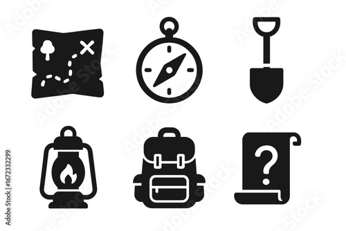 Treasure hunt solid glyph icons set. Vector collection of adventure and exploration symbols. Map, compass, shovel, lantern, backpack and clue for a quest or discovery game.