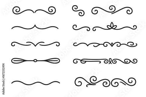 Set of decorative calligraphic lines. Hand drawn ornamental flourishes, dividers, and borders. Vintage elegant scroll elements for text separation. Vector retro page rule.