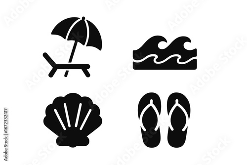 Tropical beach icon set. Solid glyph collection of summer vacation symbols. Includes beach umbrella, lounge chair, sea wave, seashell, and flip flops. Vector illustration.