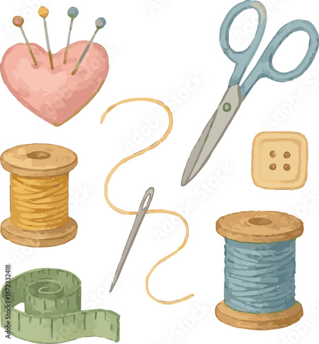 Collection of watercolor painted illustrations of sewing stuff such as needle, scissors, thread and more, each isolated