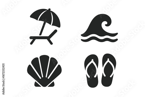 Beach summer glyph icon set. Tropical vacation elements. Sun umbrella, lounge chair, ocean wave, seashell, and flip flop silhouettes. Seaside travel and holiday symbols.