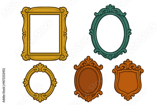 Collection of decorative vintage frames. Ornate baroque style picture borders. Elegant classic antique gold mirror frames. Retro empty design element set. Vector illustration.