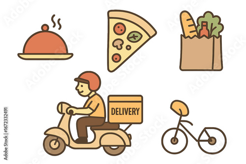 Food delivery icon set. Courier on scooter, pizza slice, grocery bag, bicycle. Fast meal shipping service concept. Online order vector cartoon illustration for restaurant app.