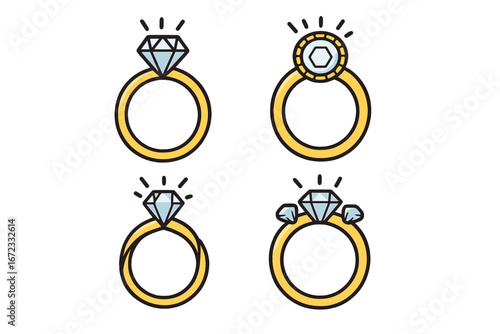 Set of engagement rings with diamonds. Wedding and proposal jewelry collection. Different styles of gold rings icon pack. Solitaire, halo, three stone design. Love symbol.