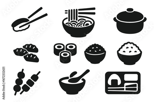 Japanese cuisine icon set. Asian food glyph symbols collection. Vector silhouette icons for restaurant menu design. Includes sushi, ramen, noodles, gyoza, onigiri, rice bowl.