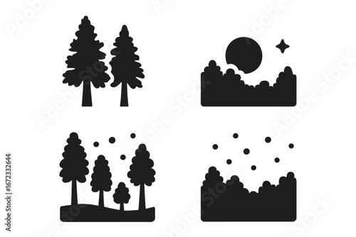 Twilight forest icons, solid filled vector set with tall tree silhouettes, fading light scenes, firefly glow, night nature elements, mystical woodland symbols, transparent background