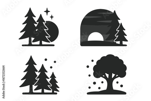 Twilight forest icons set with solid filled silhouettes of tall trees, sunset and firefly glow, nature landscape vector illustration, fading light, calm evening atmosphere