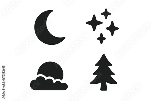 Twilight Nature Icons. Solid, Filled Vector Icon Set of Twilight Scenes with Crescent Moon, Setting Sun behind Clouds, Shining Stars, and Pine Tree Silhouette for Nature and Landscape Design