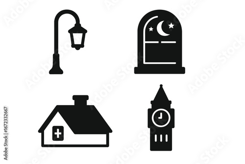 Solid filled vector icons set of twilight urban scenes with street lamp, crescent moon window silhouette, rooftop house with cross window, and classic clock tower illustration