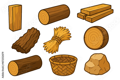 Vector collection of natural materials. Wood logs, timber planks, bark, rock, hay bale, and a wicker basket. Resources for construction, building, crafting, or game design.