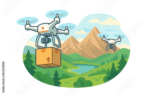 Drone delivery service concept. Quadcopter carrying cardboard box package over mountain landscape. Future of shipping, logistics and autonomous aerial transport. Vector cartoon.