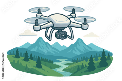 Drone with camera flying over mountain landscape. Aerial photography and videography concept. Unmanned aerial vehicle for survey and exploration. Vector cartoon illustration.