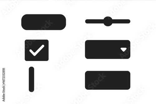 Solid UI Icon Set, Filled Vector Elements for User Interface Design, Includes Button, Slider, Checkbox, Dropdown Menu, Scroll Bar, Text Input, Modern Style Transparent Background