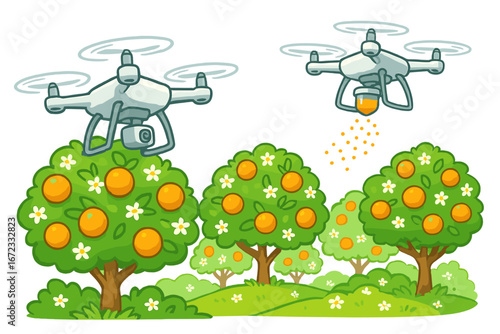 Smart farming technology with drones pollinating orange trees. Agricultural innovation concept with quadcopters in a fruit orchard. Future of agriculture vector illustration.