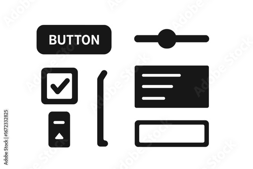 Solid filled UI icon set, 4 user interface elements including button, slider, checkbox, dropdown menu, scroll bar, text input, vector illustration on transparent background