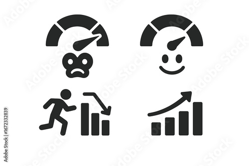 Market sentiment solid icon set. Fear and greed index gauge. Stock market psychology concept. Panic sell in a bear market vs rally in a bull market. Financial trading vector.