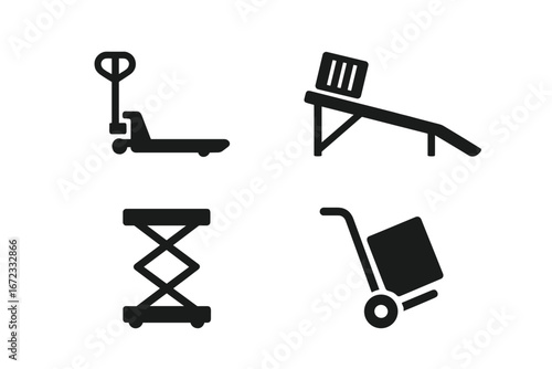 Material handling equipment vector icon set. Solid pictograms for logistics, warehouse, and shipping. Includes pallet jack, scissor lift, loading ramp, and hand truck dolly.